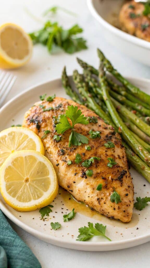 A beautifully plated lemon pepper chicken breast