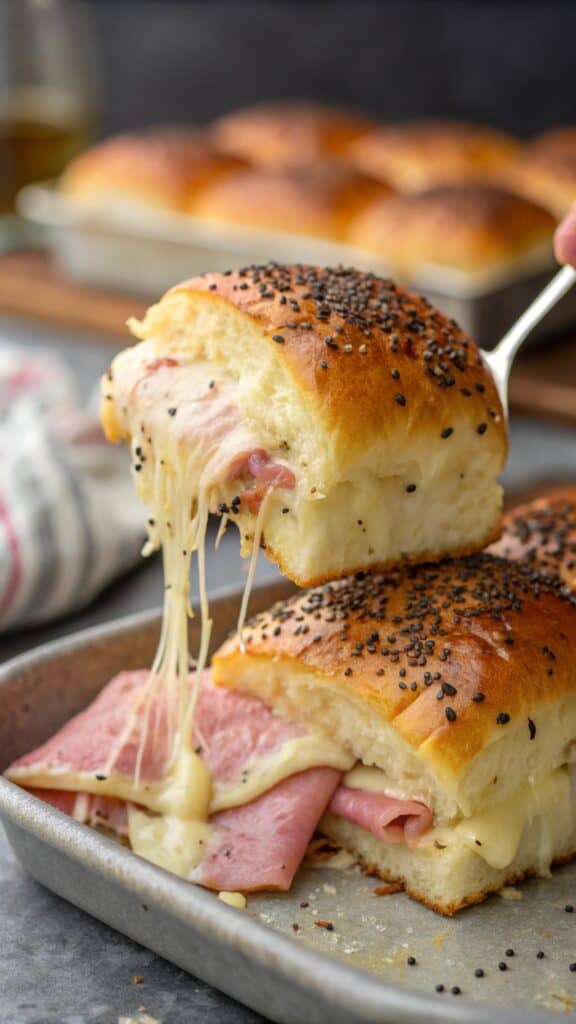 A mouth watering cross section shot of a hot ham a