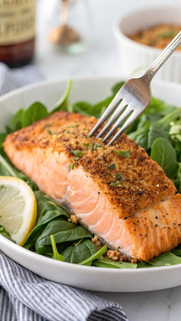 A perfectly cooked air fryer salmon fillet with cr