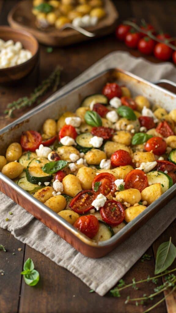 A rustic colorful sheet pan dinner featuring gold