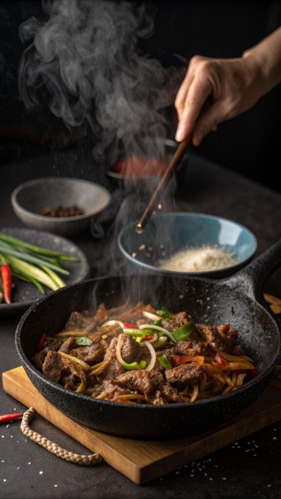 An action shot of a sizzling beef bulgogi stir fry