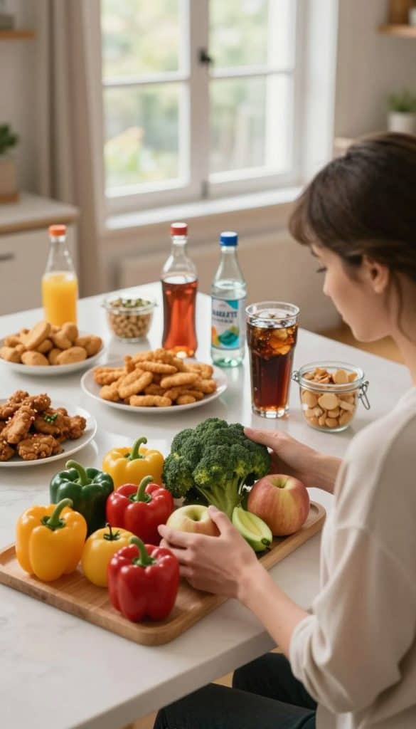 A beautiful kitchen scene showcasing various foods known to limit gut discomfort. In the foreground, a woman in modest casual clothing examines a selection of colorful fruits and vegetables, including bell peppers, broccoli, and apples, that are beneficial for gut health. The middle ground features a table adorned with foods to limit like fried items, processed snacks, and carbonated drinks, arranged in a way that indicates they should be avoided. In the background, soft natural light filters through a large window, illuminating the space and creating a warm, inviting atmosphere. The angle is slightly elevated, providing a clear view of both the healthy and the less healthy food options, visually contrasting them in a thoughtful, educational manner.