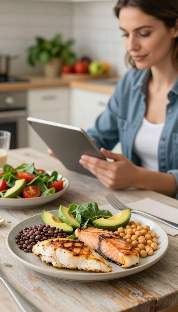 A beautifully arranged plate of essential protein sources for muscle preservation, featuring grilled chicken breast, baked salmon, and a colorful assortment of legumes, such as lentils and chickpeas. In the foreground, a well-defined woman in professional casual attire is taking notes on a tablet, symbolizing a healthy lifestyle choice. The middle ground includes a rustic dining table with a soft, natural surface, and a vibrant salad with spinach, cherry tomatoes, and avocado. In the background, a softly lit kitchen with fresh herbs and fruits adds warmth, enhancing the inviting atmosphere. Natural lighting highlights the textures of the food and the woman’s focused expression, captured with a shallow depth of field, creating a serene and health-conscious mood.