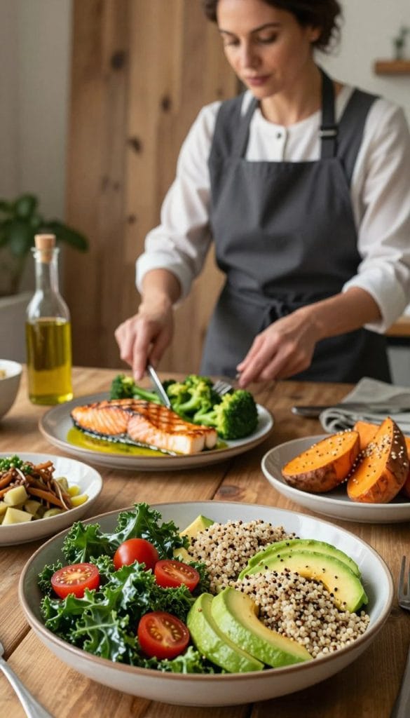 A beautifully arranged table showcasing an array of nutrient-dense meals, foreground featuring a vibrant salad with kale, cherry tomatoes, avocado, and quinoa sprinkled with seeds. In the middle, a colorful platter of grilled salmon, steamed broccoli, and sweet potatoes drizzled with olive oil. Behind it, a rustic wooden background with soft, natural lighting creating a warm and inviting atmosphere. A woman in professional attire, confidently preparing a meal, her expression focused and engaged, stands to the side, adding an element of purpose. The composition captures a holistic approach to healthy eating, promoting a sense of balance and vitality, with an emphasis on fresh ingredients and wholesome nutrition.