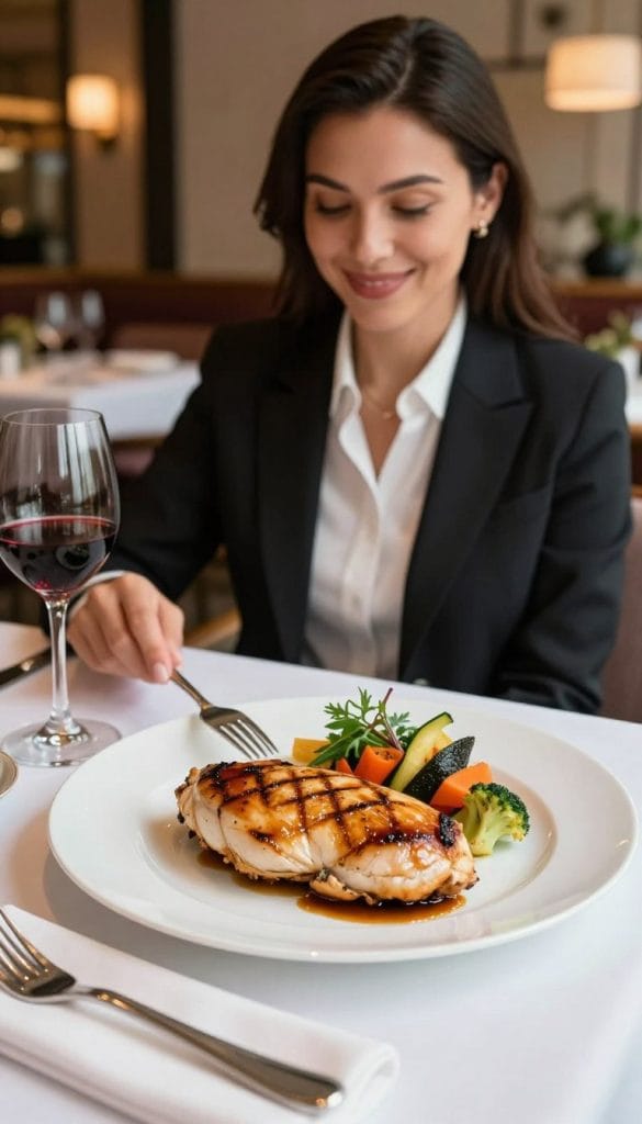 A beautifully grilled chicken breast, glistening with a light glaze, is the centerpiece of an elegant restaurant table setting. The chicken is artfully plated with a garnish of fresh herbs and accompanied by a side of vibrant seasonal vegetables, arranged in a colorful, appealing manner. In the foreground, a polished fork and knife rest on a crisp white napkin. The middle ground features a woman dressed in professional business attire, smiling as she prepares to enjoy this delicious meal, embodying confidence and satisfaction. The background presents a softly lit restaurant ambiance with warm, inviting tones, elegantly arranged tables, and subtle decorative elements, evoking a relaxed yet sophisticated atmosphere ideal for dining out. The scene is captured with soft focus, encouraging a sense of intimacy and warmth.