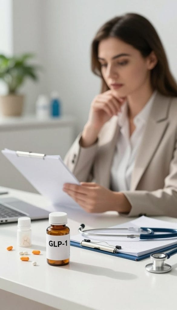A clinical, well-lit image showcasing an array of GLP-1 medications on a clean, professional desk. In the foreground, a stylish pill bottle labeled "GLP-1" sits next to a notepad with a stethoscope draped casually. In the middle ground, a focused woman dressed in professional business attire examines the medications attentively, portraying a sense of care and professionalism. She has medium-length hair and is looking thoughtfully at her notepad. In the background, there are soft-focus elements like medical supplies and a potted plant, enhancing the clinical atmosphere. The lighting is bright and natural, casting gentle shadows for depth, giving the image an inviting yet serious mood, reflecting the importance of understanding GLP-1 treatment qualifications.
