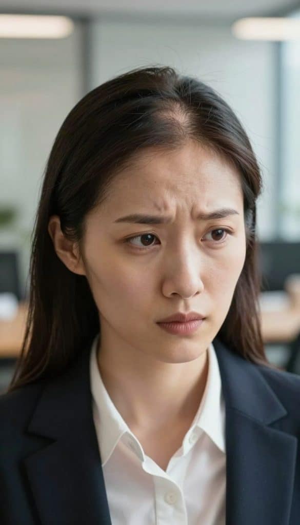 A close-up of a woman in her 30s showing signs of hair loss, with thin, sparse hair and a concerned expression. She is dressed in professional business attire, standing in front of a softly blurred background of a modern office environment. The lighting is warm and natural, emphasizing the details of her hair and face, while soft shadows create depth. The angle is slightly above her eye level, capturing both her gaze and the top of her scalp to highlight thinning areas. The atmosphere is serious yet empathetic, conveying the reality of hair loss. The image has no text or watermarks, focusing solely on the woman's features and hair condition.