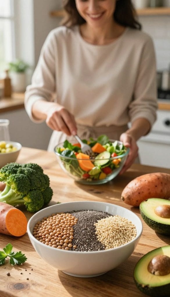 A close-up view of a vibrant assortment of fiber-rich foods arranged on a rustic wooden table. The foreground features a bowl overflowing with lentils, chia seeds, and quinoa, surrounded by fresh vegetables like broccoli, sweet potatoes, and avocados. A healthy woman in a light, casual outfit is seen in the middle, smiling as she prepares a colorful salad, showcasing the incorporation of healthy fats and fiber. Natural sunlight filters through a nearby window, casting soft shadows and highlighting the textures of the food. In the background, blurred kitchen elements add warmth and inviting atmosphere. The overall mood is healthy, energetic, and encouraging, reflecting a balanced lifestyle.