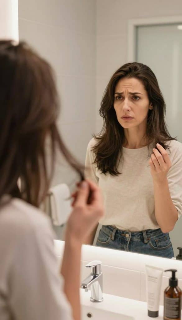 A concerned woman in a modest, smart-casual outfit stands in a well-lit, modern bathroom looking into a mirror, analyzing her thinning hair. In the foreground, a close-up of her hand holding a small clump of hair plucked from the hairbrush, showcasing the shedding associated with telogen effluvium. The reflection in the mirror highlights her worried expression, capturing the emotional weight of hair loss. In the middle ground, various hair care products are neatly arranged on the bathroom counter, representing attempts to manage her hair condition. The background features soft, warm lighting that creates an intimate and hopeful atmosphere, symbolizing resilience amidst the struggle against hair loss.