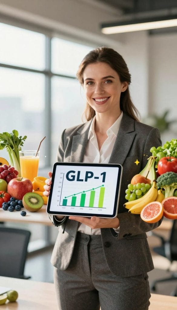 A confident woman in a professional business attire stands at the forefront, engaging with a digital tablet displaying a motivational graph related to GLP-1 and weight loss. She has an inspiring smile, symbolizing dedication and commitment to her wellness journey. In the middle ground, vibrant, colorful images of healthy foods like fruits and vegetables surround her, emphasizing a balanced lifestyle. The background features softly blurred elements of a modern office environment with natural light streaming through large windows, creating an uplifting atmosphere. The image should capture a sense of empowerment and motivation with warm lighting that highlights her determination. Use a shallow depth of field to focus on her expression, while subtly incorporating the theme of GLP-1 motivation through visual elements.