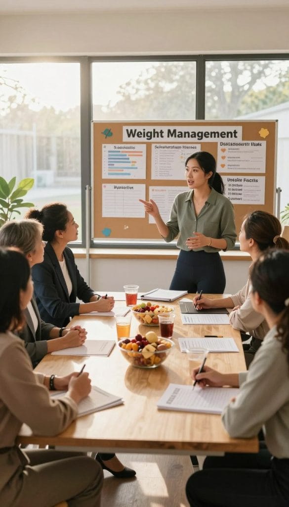 A cozy, bright room designed for group support sessions on weight management. In the foreground, a diverse group of women, dressed in professional business attire, are engaged in an encouraging discussion around a table filled with healthy snacks and motivational materials. One woman, a fitness coach, is passionately leading the conversation. In the middle ground, a large bulletin board is displayed, featuring success stories, charts, and community events, symbolizing the supportive network. The background showcases large windows with sunlight filtering in, creating an uplifting and warm atmosphere. The overall mood is encouraging and empowering, emphasizing collaboration and community. Soft natural lighting illuminates the space, capturing the essence of a supportive environment.