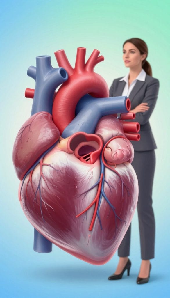 A detailed anatomical representation of the human heart, vividly illustrating its intricate structure including ventricles, atria, and major arteries. In the foreground, the heart is rendered in vibrant red and pink tones, showcasing fine details such as the coronary arteries and valves. The background features a soft gradient of blues and greens, evoking a sense of health and vitality. A professional woman in business attire stands to the side, observing the heart with a look of admiration, symbolizing the connection between cardio health and exercise. The lighting is soft and even, highlighting the heart's features while creating a calm, informative atmosphere. The image is captured from a slightly elevated angle to emphasize the three-dimensional aspects of the heart, inviting viewers to appreciate its significance in cardiovascular health.