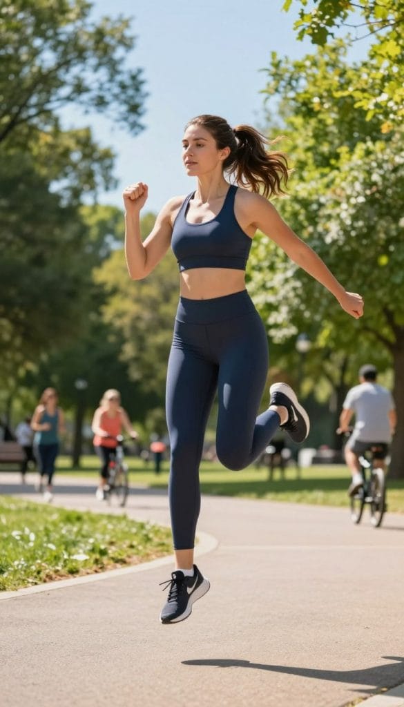 A determined woman engaged in physical activity, demonstrating a dynamic workout routine that showcases her commitment to weight loss. In the foreground, she is performing a high-energy jump, dressed in modest, professional athletic gear. The middle ground features a vibrant outdoor fitness setting, surrounded by lush green trees and a clear blue sky enhancing the atmosphere. In the background, a sunlit park with people jogging and cycling, illustrating a community focused on health. Soft, natural lighting highlights her athletic form, with a slight lens flare adding a motivating and uplifting mood. The scene conveys energy, empowerment, and the importance of physical activity in a healthy lifestyle.