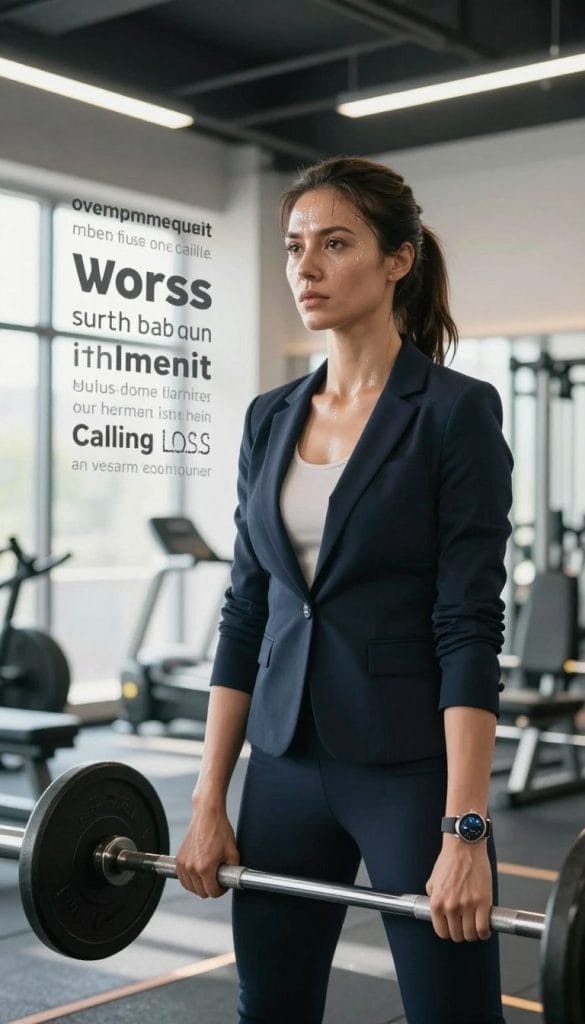 A determined woman in her 30s, dressed in professional business attire, stands confidently in a modern gym environment, symbolizing the journey of overcoming weight loss challenges. In the foreground, she is lifting weights with focused determination, sweat glistening on her brow, while in the middle, a series of inspiring motivational quotes appear on a wall, hinting at the mental aspect of the journey. In the background, bright natural light streams through large windows, illuminating the spacious gym filled with fitness equipment, creating a vibrant and uplifting atmosphere. The overall mood conveys resilience and empowerment, emphasizing the idea of overcoming challenges as part of a healthy lifestyle journey. The angle is slightly low, capturing her strength and focus, while soft shadows enhance the sense of depth.