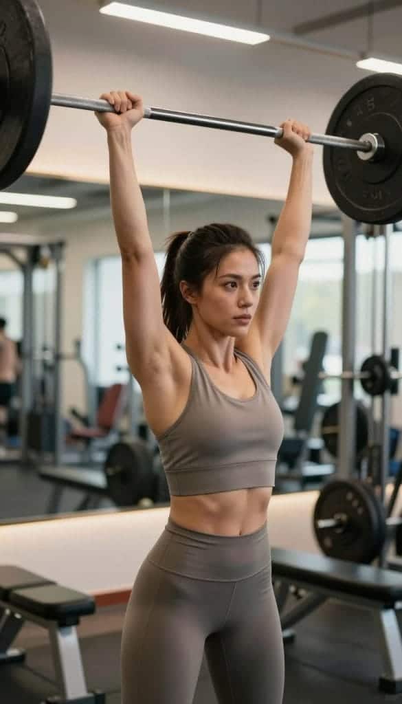 A determined woman with an athletic build is performing an overhead press in a brightly lit gym. She is wearing modest, comfortable workout attire, including a fitted tank top and high-waisted leggings. The foreground captures her focused expression as she lifts a barbell above her head, showcasing her strong shoulders and arms. In the middle ground, you can see gym equipment like free weights and benches, emphasizing the environment. The background features a mirror reflecting the vibrant gym atmosphere, with soft light illuminating the space. The angle is slightly below eye level, enhancing the strength and stability portrayed in her posture. The mood is empowering and motivating, perfect for illustrating shoulder stability through overhead pressing. A determined woman with an athletic build is performing an overhead press in a brightly lit gym. She is wearing modest, comfortable workout attire, including a fitted tank top and high-waisted leggings. The foreground captures her focused expression as she lifts a barbell above her head, showcasing her strong shoulders and arms. In the middle ground, you can see gym equipment like free weights and benches, emphasizing the environment. The background features a mirror reflecting the vibrant gym atmosphere, with soft light illuminating the space. The angle is slightly below eye level, enhancing the strength and stability portrayed in her posture. The mood is empowering and motivating, perfect for illustrating shoulder stability through overhead pressing.