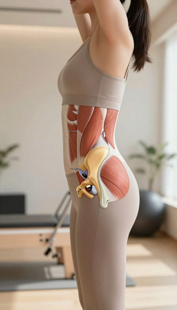 A focused anatomical illustration of pelvic floor muscles viewed from a side angle, highlighting the muscle groups and their connections. In the foreground, a female figure stands in a professional, modest outfit, demonstrating a pelvic floor exercise with a confident posture. The middle section showcases a detailed, labeled diagram of the pelvic floor muscles in vibrant colors, clearly illustrating the anatomical structures. The background features a calming, softly lit fitness studio environment with neutral tones, evoking a mood of empowerment and health. Soft, natural light filters in, enhancing the anatomical details and maintaining a professional and educational atmosphere.