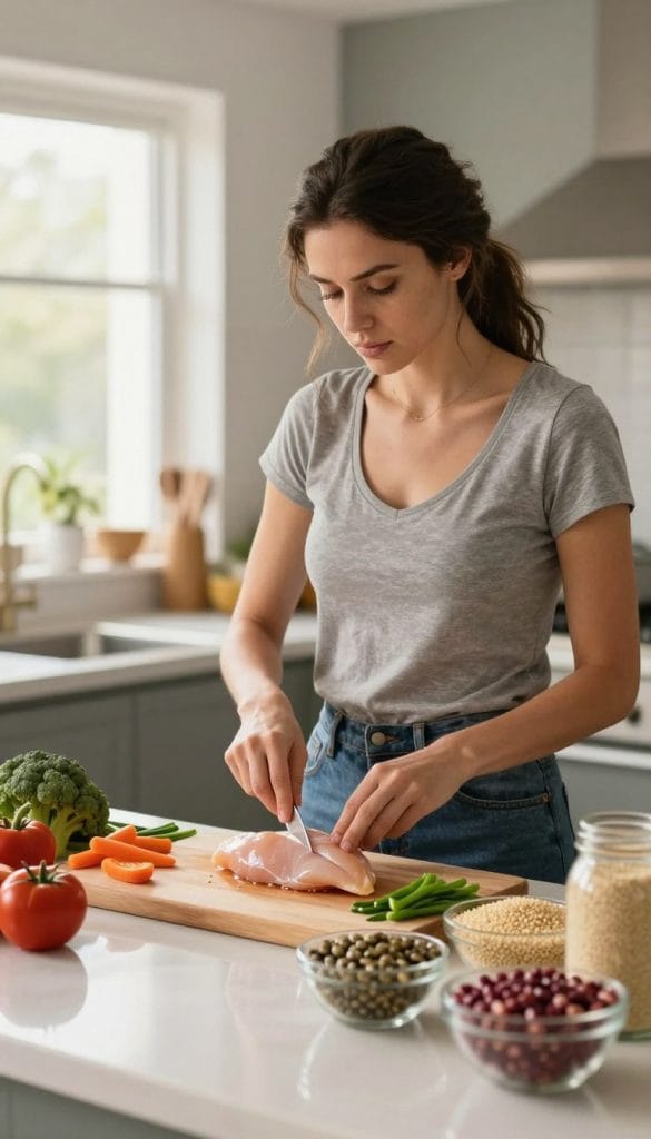 A focused composition highlighting a woman in a modern kitchen, preparing a high-protein meal. In the foreground, she stands at a countertop adorned with various protein-rich foods like chicken breast, beans, and quinoa, showcasing a vibrant and healthy diet. The middle ground features a cutting board with fresh vegetables, emphasizing a balanced approach to nutrition. The background is softly blurred but suggests a cozy and inviting kitchen atmosphere, with warm, natural lighting streaming through a window. The woman, dressed in casual and modest attire, is engaged in the cooking process, radiating determination and focus. The overall mood is one of empowerment and health, illustrating the importance of prioritizing protein to maintain muscle health.