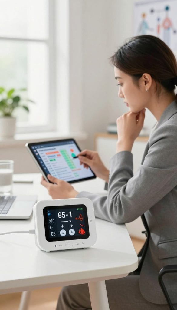A focused composition illustrating the side effects of GLP-1 medications, featuring a woman in professional business attire, seated at a modern desk with a health monitoring device. In the foreground, the device displays various health metrics, such as weight, blood sugar levels, and heart rate. The middle ground showcases the woman thoughtfully analyzing her results on a digital tablet, highlighting a sense of active engagement and progress monitoring. The background features soft, natural lighting streaming through a window, creating an uplifting and serene atmosphere. The room is decorated with plants and medical charts, emphasizing a connection between technology and health awareness. The image captures a moment of reflection and determination in managing health with GLP-1 therapies, all while maintaining a clean and professional look.