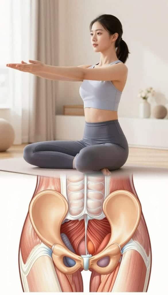 A focused, educational illustration of pelvic floor muscles within a woman's body. In the foreground, an anatomically correct diagram of the pelvic floor, highlighting key muscle groups in vibrant colors for clarity. In the middle ground, a professional woman wearing modest athletic wear demonstrating advanced muscle control techniques, such as pelvic tilts or Kegel exercises. The background features a soft, calming environment with light pastel colors, perhaps a yoga studio or home fitness space, accentuated by gentle natural lighting that creates an inviting atmosphere. The angle should be slightly elevated to capture both the anatomical diagram and the exercise in a clear, informative way, conveying a sense of empowerment and health.
