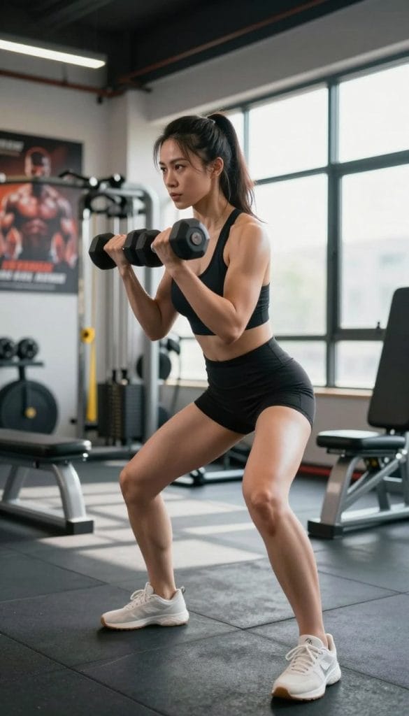 A focused female athlete performing strength training in a modern gym setting, emphasizing muscle preservation exercises. In the foreground, she is in a defined stance, lifting a dumbbell with intensity, showcasing her toned muscles. The middle ground features a variety of gym equipment like a bench press and resistance bands, creating a dynamic training environment. The background has motivational posters and large windows letting in natural light, casting soft shadows. The composition is shot from a slightly low angle to highlight her determination and strength, creating an empowering atmosphere. The lighting is bright and energetic, enhancing the scene's encouraging tone, perfect for illustrating effective workout routines.
