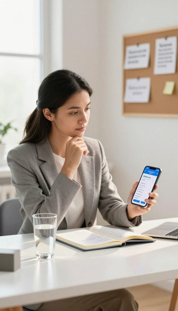 A focused scene featuring a woman in professional business attire sitting at a clean desk in a bright, modern office setting, looking thoughtfully at a smartphone displaying a GLP-1 medication app. The woman's expression is one of contemplation and hope as she navigates the app, which visualizes her first week's treatment plan. On the desk, there's a notebook beside her, open to a page filled with notes about her health journey, and a glass of water suggesting hydration. Soft, natural light floods the room through a window, casting a warm glow that reflects optimism. In the background, a corkboard displays health-related reminders and motivational quotes, enhancing the atmosphere of encouragement and support for her journey with GLP-1 medication.