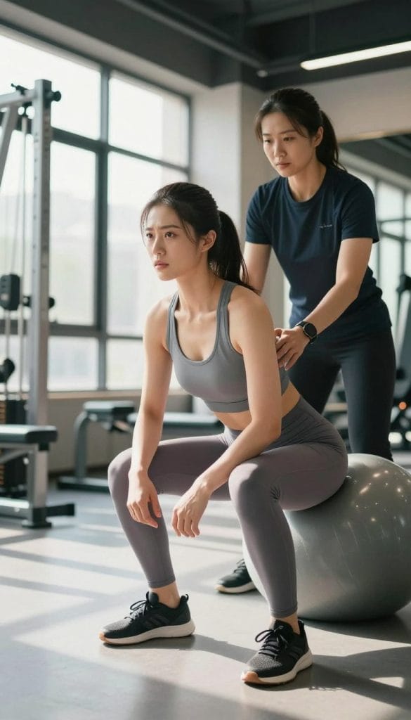A focused scene illustrating "knee strategies" for maintaining strength despite knee pain. In the foreground, a woman in athletic wear demonstrates a modified squat, showcasing proper form while using a stability ball for support. Her expression reflects determination and focus. In the middle ground, a fitness trainer observes, giving guidance on form and technique. The background features a bright, modern gym with exercise equipment and a large window allowing natural light to flood the space, casting soft shadows. The overall mood is motivating and positive, highlighting the importance of adapting workouts while ensuring safety and injury prevention. The angle is slightly lower, capturing both the subject in action and the supportive environment around her.