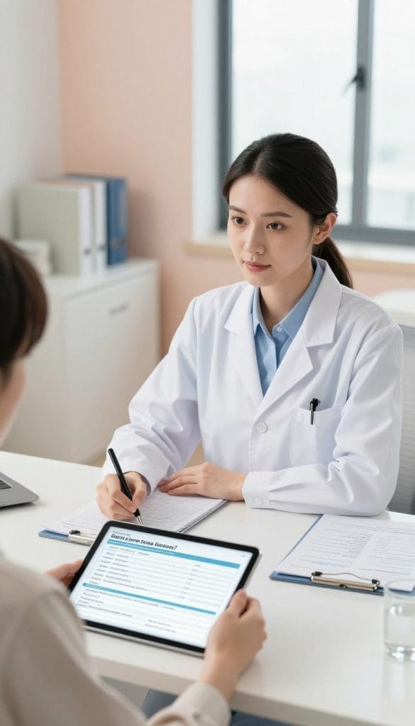 A medical professional, a woman in a white lab coat, sits at a sleek desk in a well-lit, modern clinic. She is attentively evaluating a patient's medical history on a digital tablet, making notes and looking thoughtfully at the screen. The foreground features a close-up of the tablet displaying a detailed health questionnaire. In the middle, the professional exudes confidence and empathy, surrounded by health charts and medical books neatly arranged. The background shows a calming clinic environment with soft pastel colors and a large window letting in natural light. The atmosphere is focused and reassuring, conveying a sense of thorough evaluation and care for patient health.