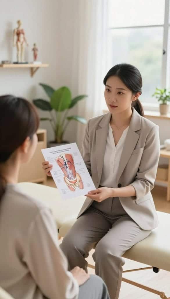 A professional pelvic floor therapist, a woman in her 30s, wearing a smart, modest business outfit, is engaged in a consultation with a client in a bright, inviting clinic. In the foreground, the therapist is showing a diagram of pelvic floor muscles to the client, who appears curious and attentive. The middle ground features a cozy therapy room with calming colors, plants, and anatomical models on the shelves. The background includes a large window with natural, soft light illuminating the space, creating an atmosphere of comfort and professionalism. The angle is slightly elevated, capturing the therapist's welcoming demeanor and the importance of the consultation.
