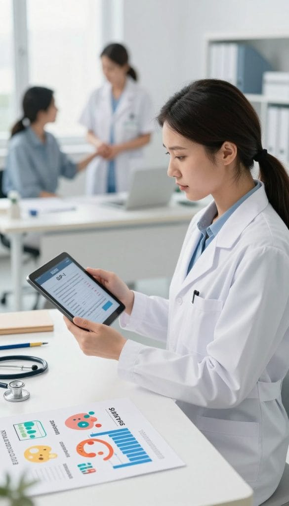A professional woman in a lab coat stands in a modern, bright medical office, looking thoughtfully at a digital tablet displaying data on GLP-1 medications. In the foreground, there are colorful illustrations of the potential side effects, such as a slight stomach upset and mild fatigue, presented on charts and graphs. The middle ground features a sleek desk with medical books and a stethoscope, emphasizing the analytical approach to medication management. In the background, there are soft-focus images of patients receiving care, suggesting compassion and understanding. The lighting is bright and natural, creating a welcoming and informative atmosphere, captured with a slight overhead angle that draws attention to the subject while ensuring a professional composition.