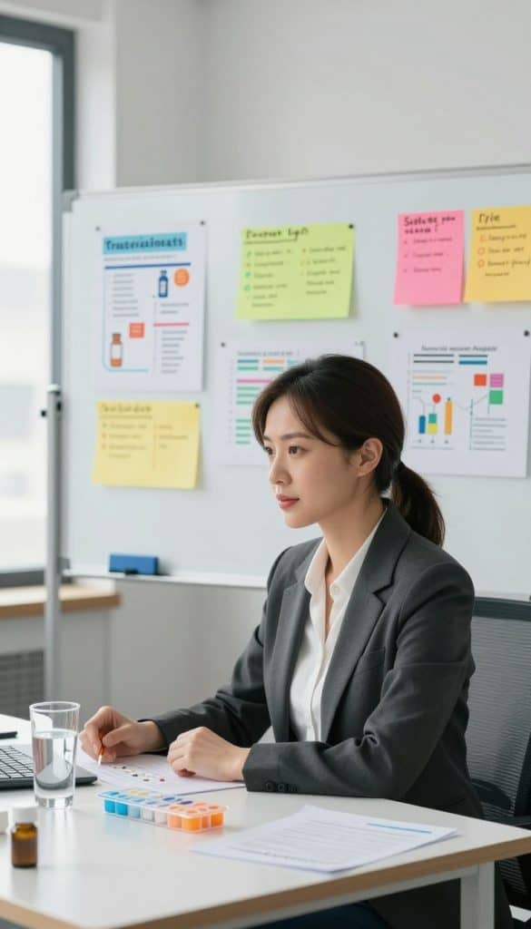 A professional woman in a modern office setting, seated at a tidy desk filled with medication transition guides and colorful charts. She is dressed in smart casual attire, conveying a sense of professionalism and approachability. In the foreground, a glass of water and a medication pill organizer are placed beside her, symbolizing the transition process. The middle ground features a vibrant whiteboard covered with notes and diagrams related to health tips for safely transitioning off medication. The background includes a window with soft, natural light filtering in, creating a calm and reassuring atmosphere. The overall mood is supportive and informative, illustrating the concept of a thoughtful, well-planned transition in medication management.
