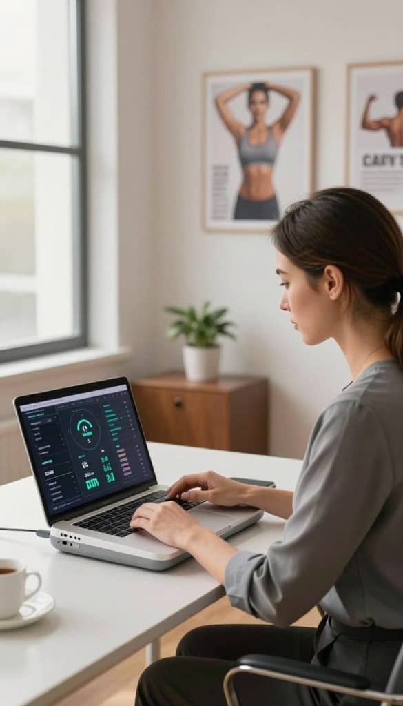 A professional woman in a sleek, modern office setting, using a body composition analysis device. She appears focused and engaged, analyzing digital data on her laptop screen that displays metrics like body fat percentage and muscle mass. In the foreground, the device shows clear readouts, while a clean and organized workspace surrounds her. Soft, natural lighting filters in from a large window, creating a warm and inviting atmosphere. The background features motivational wellness posters and a small plant, symbolizing growth and health. The scene captures the essence of preparing for metabolic changes, emphasizing a serious yet optimistic mood as she takes charge of her well-being.
