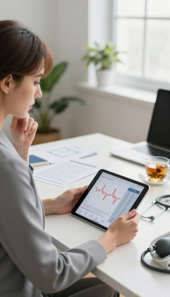 A professional woman in a smart business outfit, sitting at a modern office desk, looking thoughtful as she examines a digital tablet displaying a blood pressure graph. The foreground features a close-up of the tablet with clear, bold visuals of systolic and diastolic numbers, surrounded by health-related objects like a blood pressure monitor and a stethoscope. In the middle ground, a soft-focus view shows medical charts and a cup of herbal tea, symbolizing wellness. The background includes a bright, well-lit workspace with plants, conveying a calm and focused atmosphere. Natural lighting from a large window lends a warm ambiance, emphasizing the significance of monitoring blood pressure in relation to cardiometabolic health. The overall mood is professional and informative.