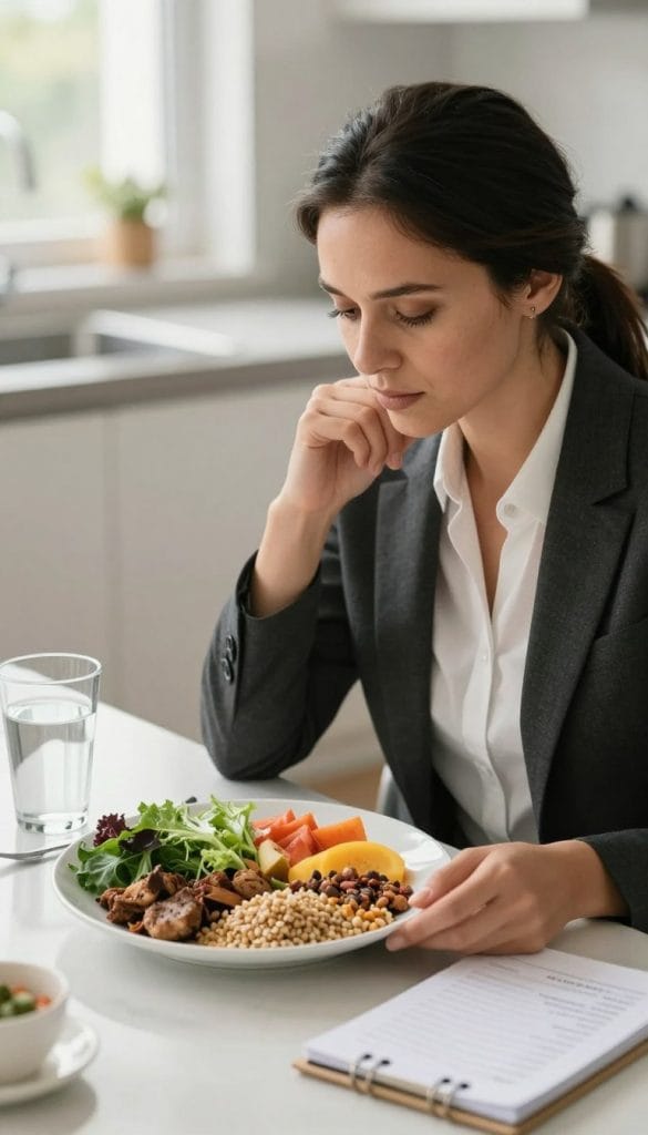 A professional woman in business attire sitting at a clean, modern dining table, thoughtfully examining a colorful, balanced meal on a plate, representing nutrition despite appetite loss. In the foreground, the plate showcases a variety of healthy foods such as leafy greens, lean proteins, whole grains, and fruits. In the middle ground, a glass of water and a notepad with nutritional notes are present, symbolizing mindful eating. The background features a softly lit kitchen with natural light streaming in through a window, creating a warm and inviting atmosphere. The mood is one of reflection and determination, demonstrating the effort to manage digestive changes while maintaining a healthy lifestyle. Use a slight depth of field to focus on the woman and her meal, giving a professional yet approachable vibe.