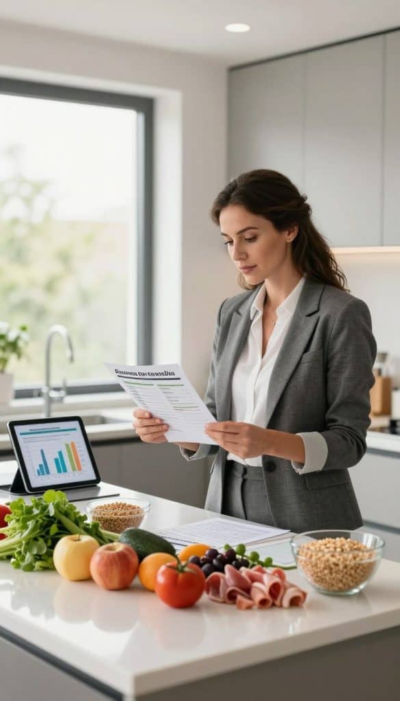 A professional woman in business attire stands at a modern kitchen island, reviewing nutrition charts and meal plans related to reverse dieting after GLP-1. She is focused and engaged, surrounded by fresh, colorful foods that represent a balanced diet, like leafy greens, whole grains, and lean proteins. The kitchen has a sleek, contemporary design with bright, natural lighting streaming through large windows, creating a warm and inviting atmosphere. In the background, a digital tablet displays a graph illustrating metabolic recovery, emphasizing the strategic approach to rebuilding metabolism. The angle captures both her intent expression and the organized workspace, promoting a sense of empowerment and health.