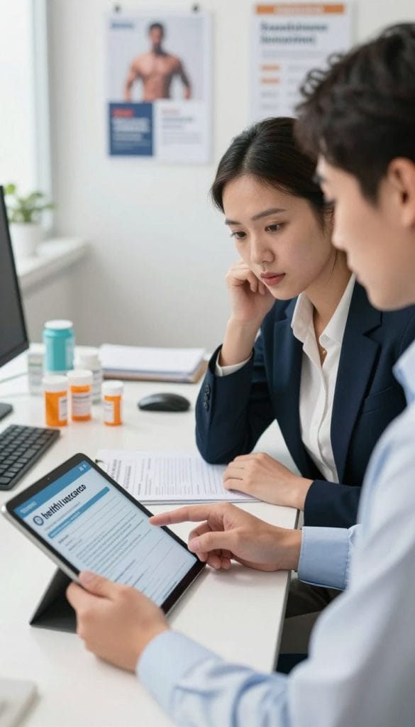 A professional woman sitting at a modern office desk, dressed in business attire, deeply engaged in a discussion with a pharmacist, who is pointing at a health insurance policy on a tablet. The scene conveys a sense of collaboration and urgency. In the foreground, a close-up of the tablet screen shows an application for medication access. In the middle ground, various prescription bottles and paperwork are organized neatly on the desk, while the background features a bright, well-lit office environment with motivational posters about health and wellness. Soft, natural lighting enhances the professional atmosphere, while a slight depth of field draws focus to the two individuals. The mood is serious yet hopeful, reflecting the challenges and solutions in accessing medication through insurance.