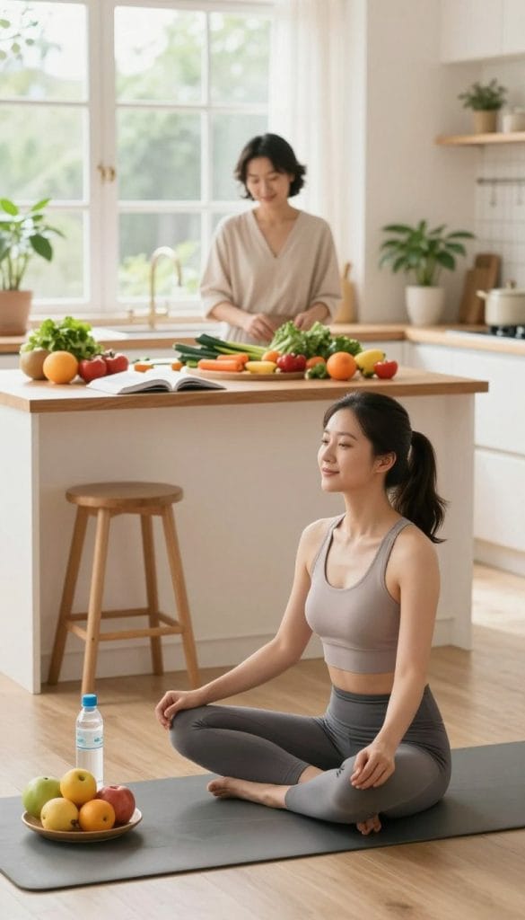 A serene and bright living room scene depicting a woman in her 30s, dressed in casual yet professional attire, engaging in lifestyle changes for health. In the foreground, she is practicing yoga on a mat, surrounded by fresh fruits and a water bottle, conveying a sense of well-being. The middle layer of the image features an inviting kitchen space with healthy meal prep in action, showcasing colorful vegetables and a recipe book open on the counter. In the background, soft natural light filters through large windows adorned with indoor plants, creating a warm and motivational atmosphere. The overall mood is inspiring and uplifting, emphasizing the commitment to long-term health and balanced living.