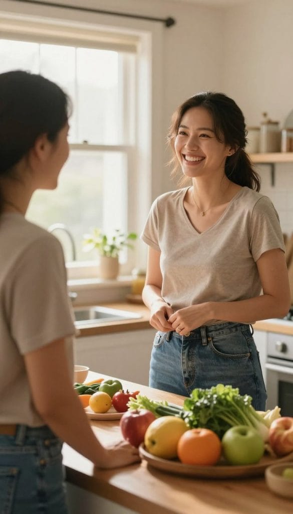 A serene and supportive environment focused on weight loss, featuring a woman in modest casual attire, engaged in a positive conversation with a friend. In the foreground, display a cozy kitchen with fresh fruits and vegetables on the counter, symbolizing healthy eating. The middle ground shows the two women laughing and sharing their weight loss journey, embodying encouragement and friendship. In the background, a sunny window casts warm, inviting light into the room, enhancing the mood of positivity and support. Use a soft focus lens to create a warm, uplifting atmosphere, highlighting the transition towards a healthier lifestyle in a nurturing setting.