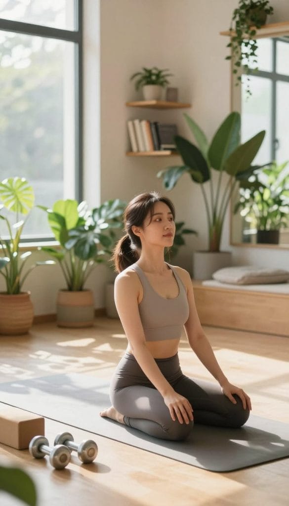 A serene fitness studio filled with soft, natural light streaming through large windows, bathing the space in a warm glow. In the foreground, a woman in comfortable, modest workout attire performs gentle yoga stretches on a soft mat, displaying a look of concentration and tranquility. Her posture highlights a sense of energy and balance. Surrounding her, lush green plants create a cozy atmosphere, while a set of light weights and a yoga block rest nearby, suggesting a connection to physical activity. In the background, softly blurred shelves stocked with wellness books and a light-filled corner with cushions invite relaxation. The overall mood is one of harmony and vitality, capturing the essence of energy interwoven with comfort.
