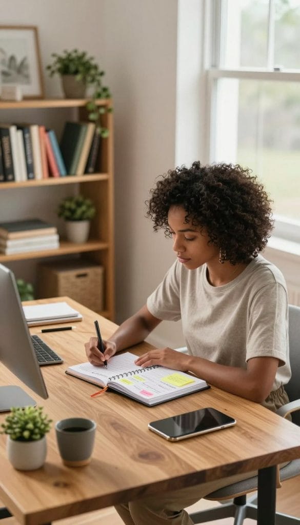 A serene home office setting focused on creating a sustainable weekly routine. In the foreground, a diverse woman in modest casual clothing sits at a stylish wooden desk, jotting down notes in a planner filled with colorful post-it reminders. The middle ground features an organized bookshelf with books on wellness and fitness, alongside a small potted plant for a touch of nature. In the background, a large window allows soft, natural light to spill in, casting gentle shadows that enhance the inviting atmosphere. The overall mood is calm and inspirational, representing productivity and balance. The camera angle is slightly elevated, providing a comprehensive view of the desk and room, with an emphasis on the woman's engaged expression as she thoughtfully plans her week.