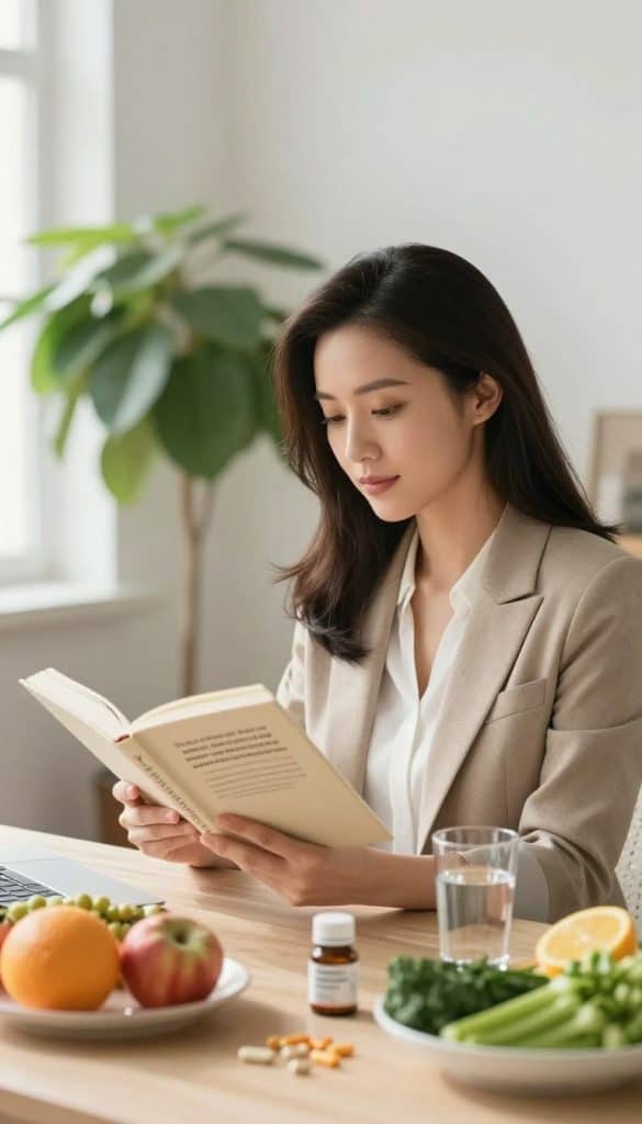A serene indoor setting featuring a woman in professional business attire, seated at a well-organized desk adorned with healthy food choices like fruits and vegetables, supplements, and a glass of water. She's engaged in reading a book about hair care and weight management strategies, her expression focused yet calm. Soft, natural lighting filters through a window, enhancing the warm atmosphere. In the background, a lush indoor plant symbolizes growth and vitality. A gentle lens blur on the background adds depth, while the foreground captures the woman's determination to prevent shedding during her weight loss journey. The overall mood is inspiring and encouraging, promoting health and wellness.