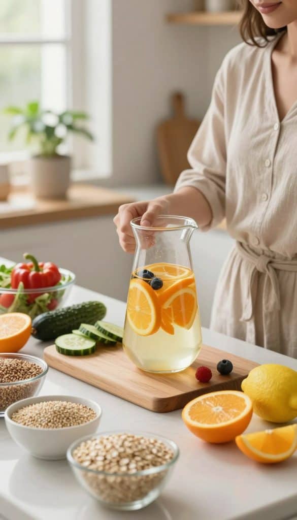 A serene kitchen setting, showcasing a woman in modest casual attire, preparing a refreshing fruit-infused water in a glass pitcher, with vibrant fruits like oranges, lemons, and berries scattered on the countertop. In the foreground, display whole grains such as oats and quinoa in elegant bowls, symbolizing fiber-rich foods. The middle of the scene features a cutting board with fresh vegetables, like cucumbers and bell peppers, and a salad preparation area to emphasize hydration and fiber. Soft, natural light filters in through a nearby window, creating a warm and inviting atmosphere. In the background, a potted plant adds a touch of greenery, enhancing the overall mood of health and wellness. A well-composed angle focuses on the action of combining ingredients, highlighting the importance of hydration and fiber in a healthy lifestyle.