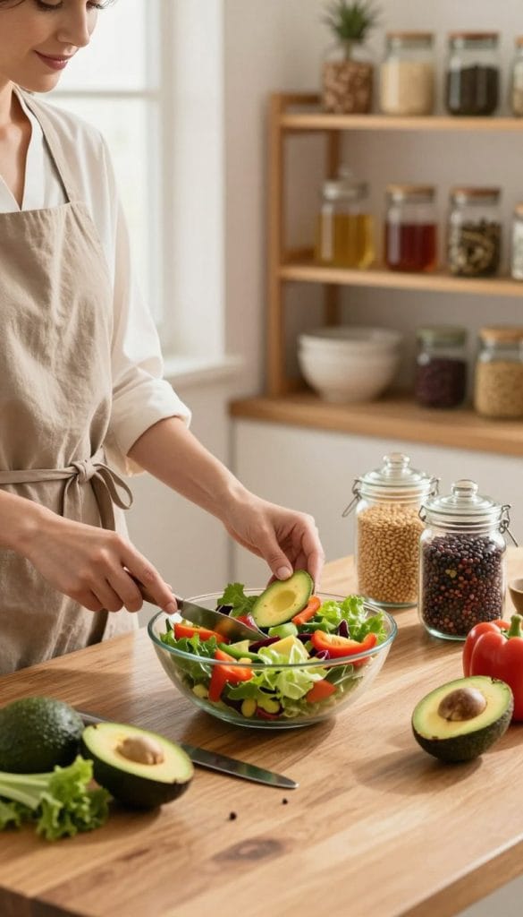 A serene kitchen setting with warm, natural lighting filtering through a window, illuminating a wooden table. In the foreground, a woman in a modest, professional attire is preparing a vibrant salad, showcasing an array of fruits and vegetables like leafy greens, avocados, and colorful bell peppers, emphasizing the theme of better digestion. In the middle ground, there are jars filled with whole grains and legumes, symbolizing healthy eating choices. The background features a softly blurred kitchen shelf stocked with herbal teas and digestive-friendly spices, creating a calm and inviting atmosphere that conveys a sense of health and well-being. The overall mood is uplifting and focused on nutritional wellness.