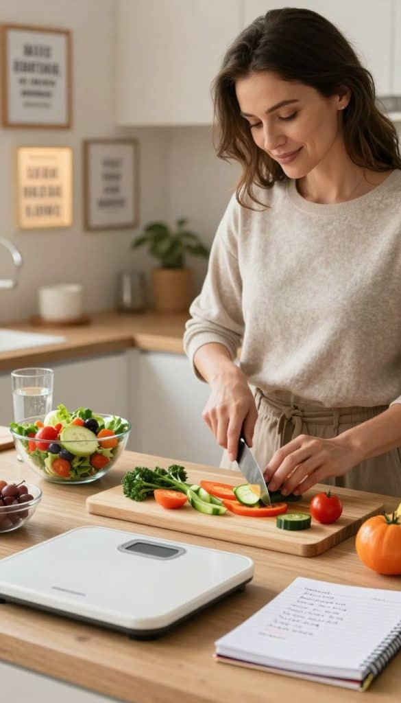 A serene scene depicting a woman in a cozy, well-lit kitchen, wearing comfortable yet professional casual attire. She is chopping fresh vegetables and arranging them thoughtfully on a colorful cutting board, symbolizing healthy food choices. In the foreground, a scale and a notebook filled with handwritten notes about lifestyle goals emphasize a focus on weight management. The middle ground features a bowl of vibrant salad and a glass of infused water, suggesting a commitment to hydration and nutrition. The background includes a wall of motivational quotes framed in soft, warm light, creating an atmosphere of inspiration and determination. The overall mood is positive and encouraging, embodying the theme of sustainable lifestyle habits for long-term success.