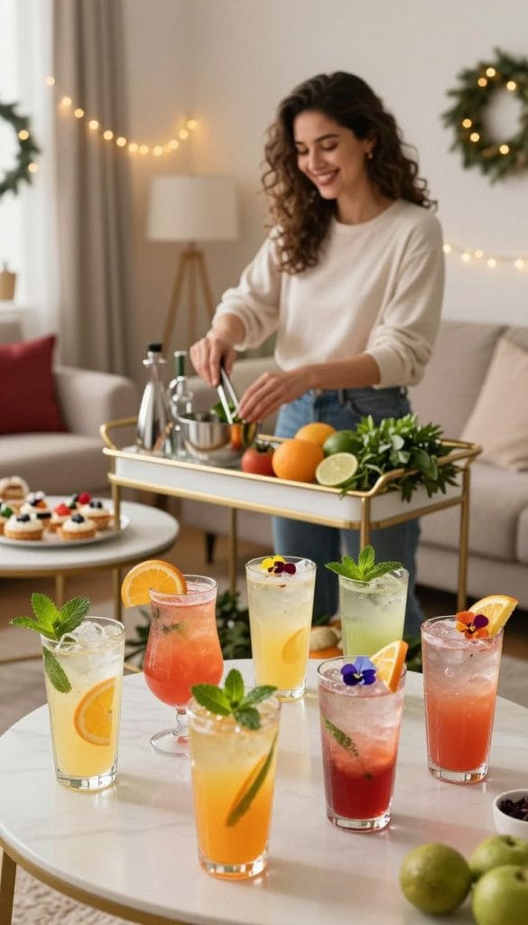 A stylish woman in a cozy, elegantly decorated living room prepares a selection of low-sugar mocktails. The foreground features a beautiful arrangement of colorful mocktail glasses filled with vibrant, refreshing beverages, garnished with mint leaves, citrus slices, and edible flowers. In the middle, she smiles as she combines ingredients, showcasing a clean bar cart with fresh fruits and herbs. The background reveals a softly lit setting with warm string lights, holiday decorations, and a table adorned with delectable, festive treats, creating a welcoming atmosphere. The scene is captured in soft, natural lighting, emphasizing the cheerful, health-conscious mood of the festivities, shot at a slight angle to highlight both the drinks and the joyful expression on her face.