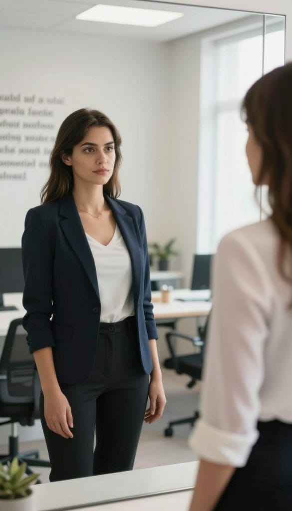 A thoughtful portrait of a young woman reflecting on her body image post-weight loss. She stands confidently in a well-lit, modern office environment, wearing smart casual attire that conveys professionalism. In the foreground, her expression is introspective yet empowered, as she examines her silhouette in a large mirror. The middle layer captures her reflection highlighting her slimmed figure, complemented by soft, natural lighting that enhances her features. The background features soft-focus elements of inspiring quotes on the walls about self-love and identity, creating an uplifting atmosphere. The scene conveys a balanced mood of contemplation and optimism, focusing on the emotional journey of body image after aesthetic-focused treatment.