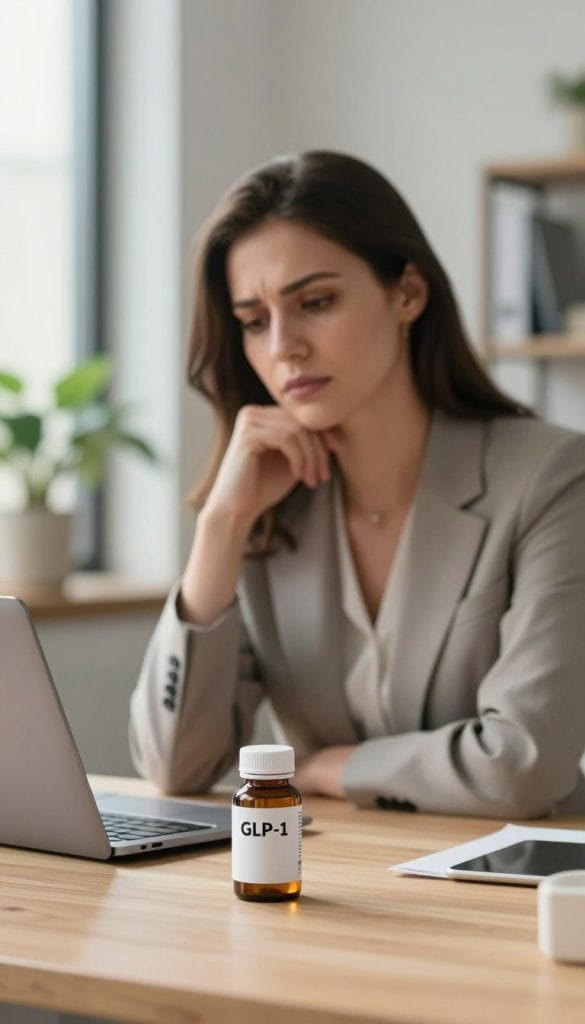 A thoughtful woman in a modern, clean office setting, looking contemplative as she gazes at a bottle of GLP-1 medication on her desk, hinting at her decision to stop taking them. In the foreground, the bottle is prominently displayed, with its label clearly visible but no branding. The middle ground features the woman, dressed in professional business attire, her expression reflecting uncertainty and introspection. The background shows soft-focus office elements like a laptop and plants, suggesting a calm yet serious atmosphere. Natural light filters through a nearby window, creating a warm glow that contrasts with her pensive demeanor, highlighting the emotional weight of her decision.