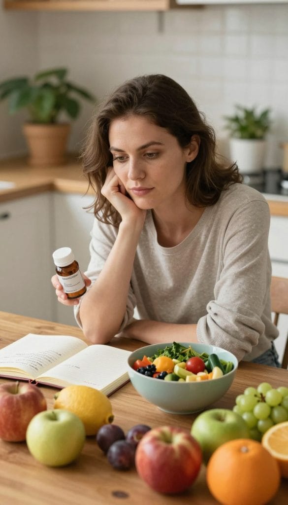 A thoughtful woman sits at a warmly lit kitchen table, surrounded by various colorful fruits, vegetables, and a bowl of nutritious food, representing her changing eating behaviors. In the foreground, focus on her contemplative expression as she examines a medication bottle in her hand, symbolizing the link between her medication and altered cravings. In the middle ground, include an open notebook with notes on emotional eating and lifestyle changes, reflecting her efforts to cope. The background softly blurs, revealing a cozy kitchen filled with plants and calming colors, creating an inviting atmosphere. Use soft, natural lighting to illuminate her features, capturing a mood of curiosity and determination. The angle should be slightly angled from above, providing a clear view of her thoughtful interaction with her food and medication.
