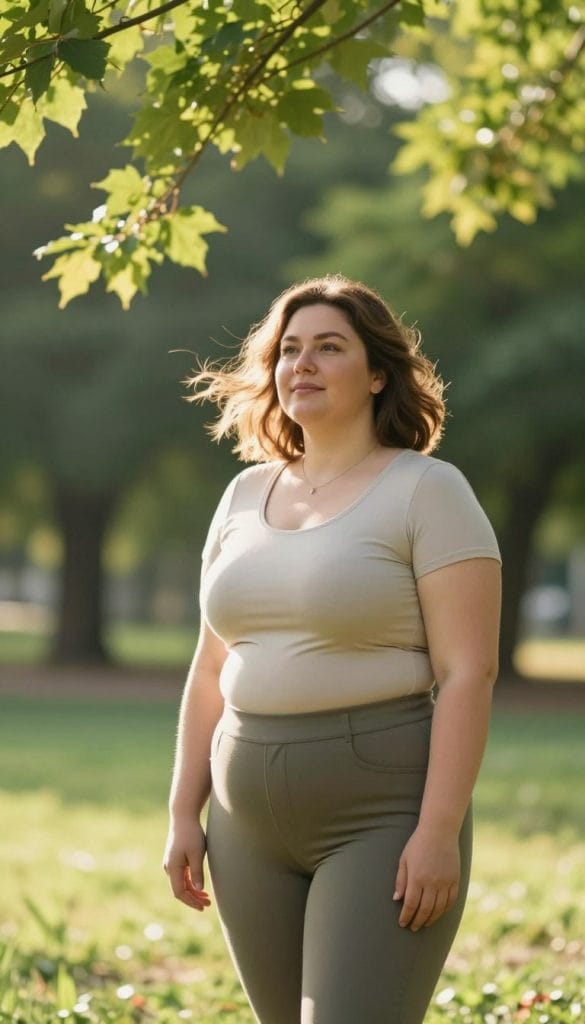 A thoughtful woman standing confidently in a sunlit park, reflecting on her journey of self-discovery after weight loss. She is wearing a stylish, modest casual outfit that emphasizes her new silhouette without being revealing. In the foreground, her serene expression conveys a sense of empowerment and acceptance. In the middle ground, a gentle breeze rustles through the leaves, symbolizing change and renewal. The background features soft, blurred greenery to create depth, with warm sunlight filtering through the trees, casting a calming glow around her. The overall atmosphere is uplifting, embodying personal transformation and a positive body image. The image should have a warm color palette, captured at a slightly elevated angle to highlight her newfound confidence and joy in her personal identity.