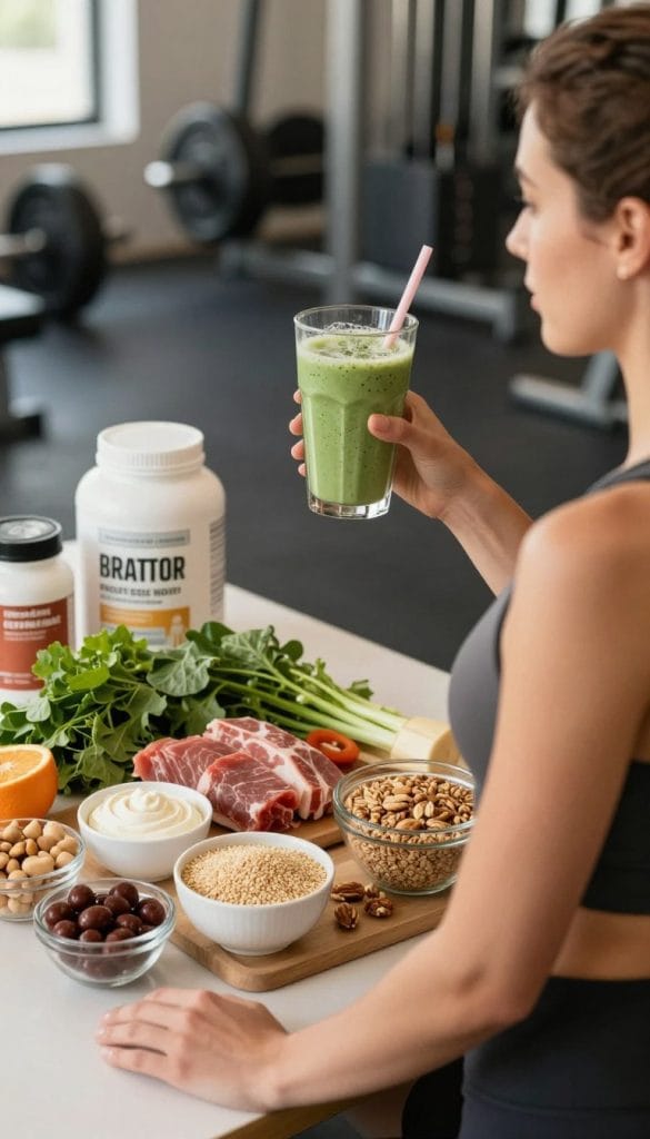 A vibrant and informative scene showcasing nutritional strategies to support muscle retention. Foreground features a woman in professional sportswear, holding a smoothie filled with nutrients, symbolizing healthy dietary choices. Middle section displays a balanced array of foods such as lean proteins, leafy greens, nuts, and whole grains arranged aesthetically on a table. Include fitness supplements like protein powder and vitamins, enhancing the idea of muscle support. The background has a softly lit gym setting, with weights and exercise equipment faintly visible. Use warm, natural lighting to create an inviting atmosphere, conveying the importance of nutrition in fitness. The camera angle is slightly elevated, capturing both the food and the woman engaged in her fitness journey, radiating determination and balance in her approach to health.