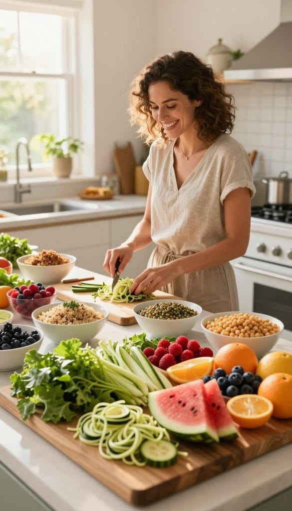A vibrant kitchen setting featuring a woman in modest casual clothing, joyfully preparing a colorful array of high volume foods. In the foreground, a large wooden cutting board is covered with leafy greens, zucchini noodles, and a variety of sliced fruits like watermelon, berries, and citrus. In the middle, a spacious countertop showcases bowls filled with cooked quinoa, lentils, and chickpeas, emphasizing portion size. The background reveals an airy kitchen with bright sunlight streaming through a window, casting a warm, inviting glow. The atmosphere is uplifting and healthy, conveying a sense of abundance and vitality, with enticing details that encourage the viewer to embrace high volume foods in their diet.